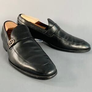 GUCCI Size 8.5 Black GG Monogram Leather Strap Slip On Loafers
